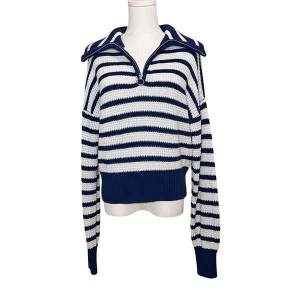 Pink Rose Blue White Striped Funnel Zip Collar Sweater Large Preppy Nautical - Picture 4 of 8